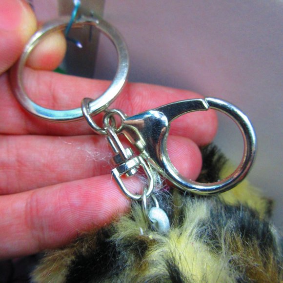 Cheetah Puffball Pom Pom Keychain With Silver Finish Findings - Picture 3 of 4